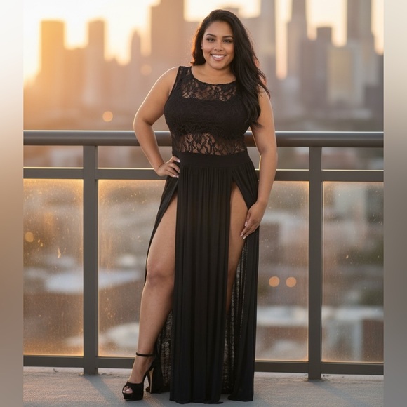 Private Label Dresses & Skirts - 1X•CIARA HIGH SLIT SHEER LACE TOP BLACK MAXI DRESS